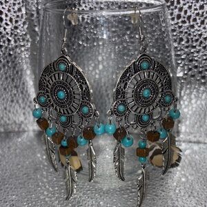 Bohemian Turquoise and Silver Feather Earrings